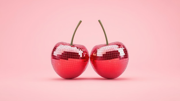 Photo two shiny disco ball cherries on a pink background perfect for vibrant and playful designs or marketing materials