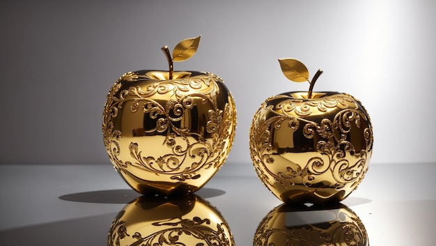 Two shiny gold apples with intricate floral engravings sit on a reflective surface against a light g