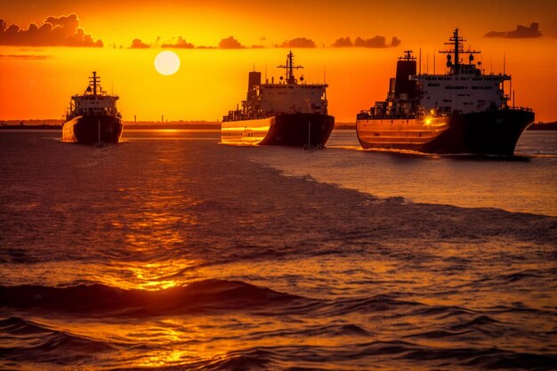 Two ships are in the water with the sun setting behind them.