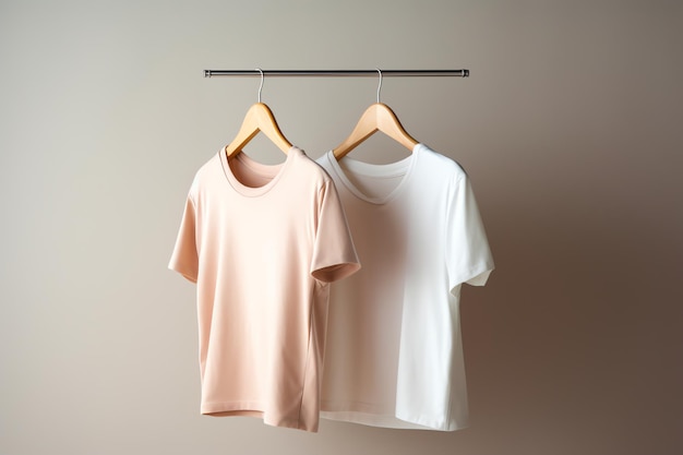 Two shirts hanging on a hanger, one of which is pink.