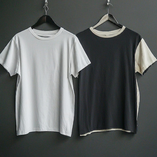 two shirts hanging on a hanger with one being worn by one another