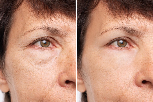 Two shots of an elderly woman face with puffiness under her eyes and wrinkles before after treatment