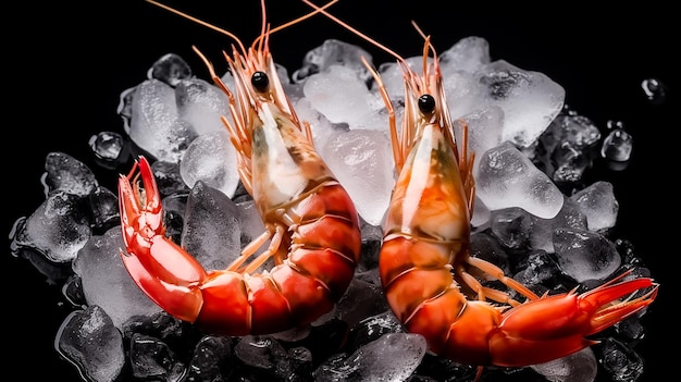 Two shrimps on ice with the word prawns on the bottom