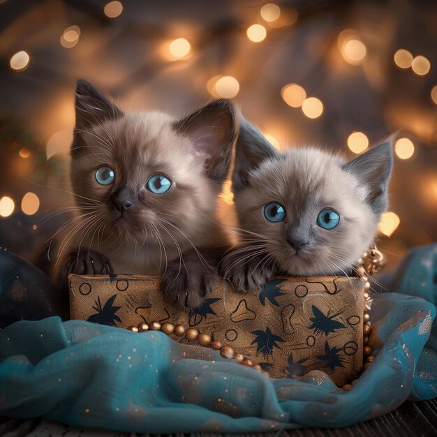 two siamese kittens in a christmas box