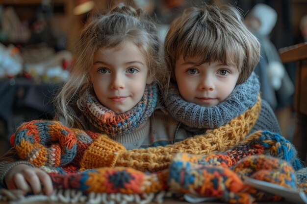 Two siblings working together to wrap a surprise gift a scarf they knitted with their mothers favorite colors