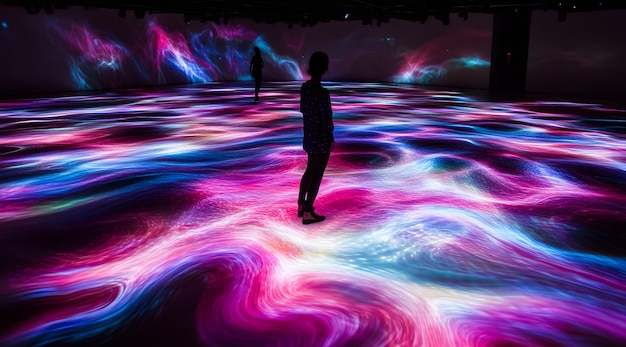 Photo two silhouettes standing on a projected wavy multicolored floor