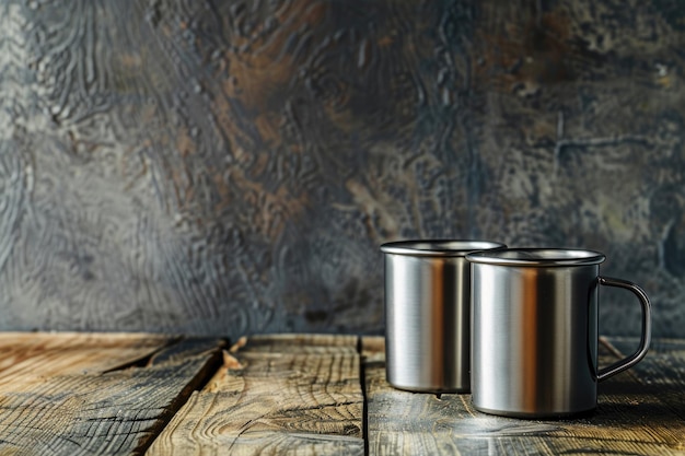 Photo two silver coffee cups on a wooden table with a black handle