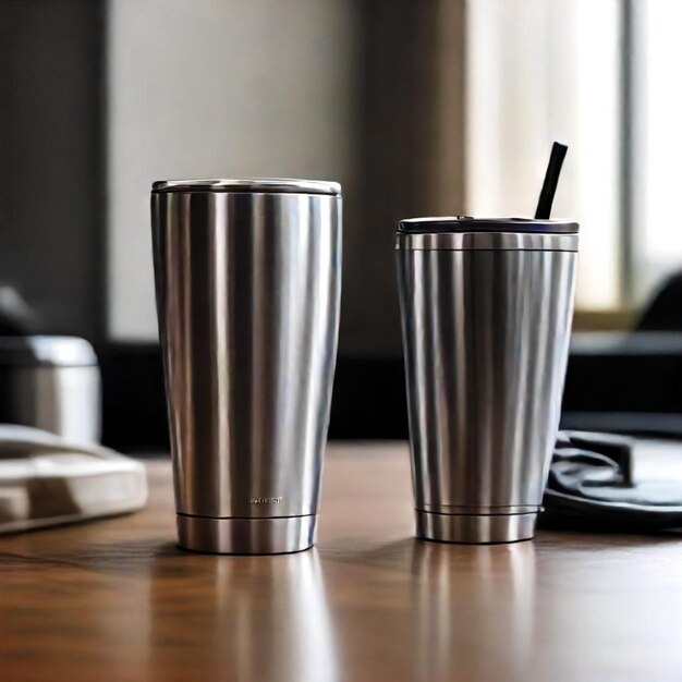 Photo two silver cups with a straw in the middle of them