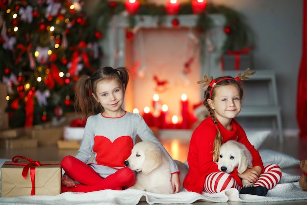 Two sisters with pets dogs under a Christmas tree.