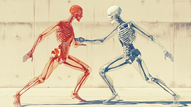 Photo two skeletal figures engaged in a dynamic pose symbolizing movement