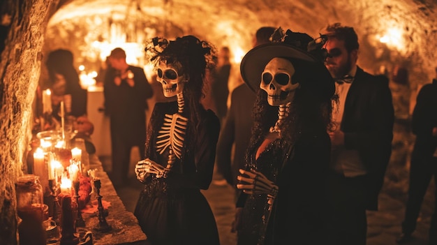 Photo two skeleton figures dressed in black at a candlelit gathering in a cave