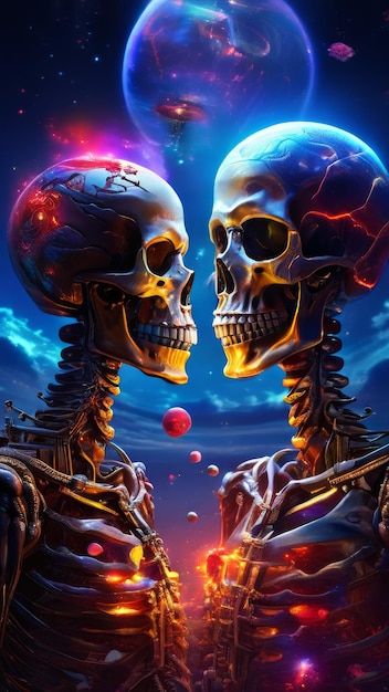 two skeletons are looking at the camera and the two are wearing helmets