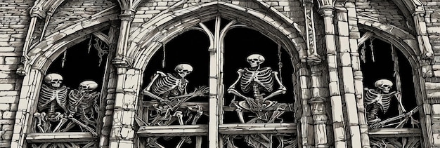 two skeletons are sitting on a window sill