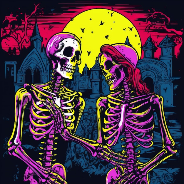 two skeletons in front of a full moon with bats generative ai