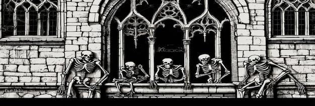 two skeletons sit on a ledge in front of a window