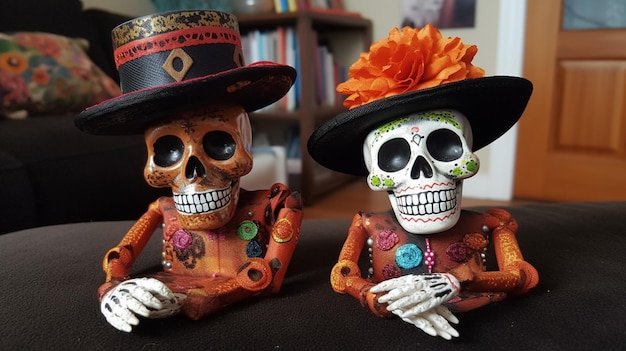 Two skeletons sit on a table, one of which is wearing a hat.