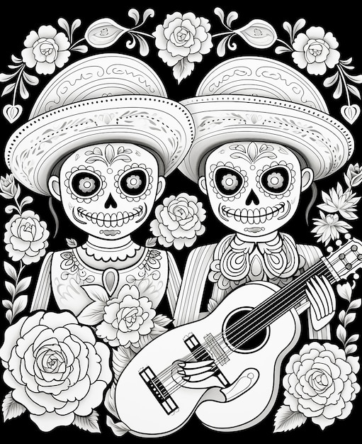 two skeletons with a guitar and a skull on the top of them