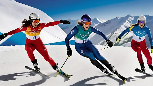 Photo two skiers are racing down a snowy mountain side