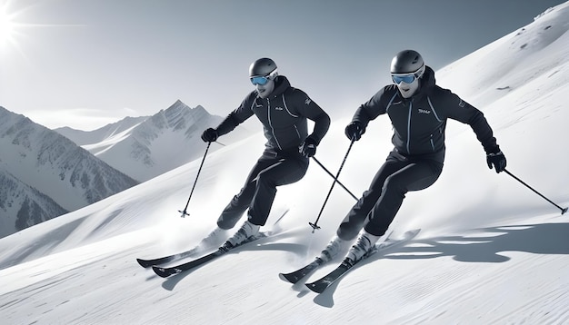 two skiers are skiing down a mountain with the word  goggles  on them