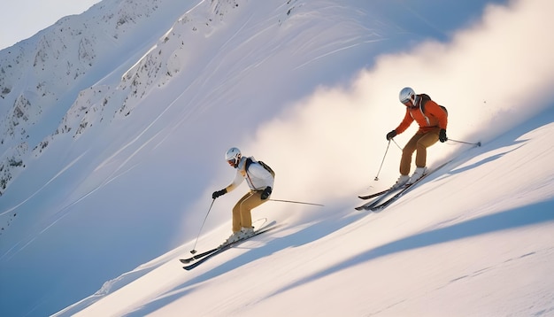 two skiers are skiing down a snowy mountain