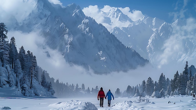 Photo two skiers are walking in the snow in front of a mountain