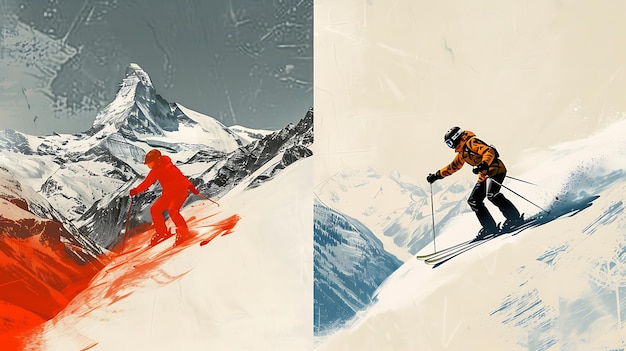 Photo two skiers on a mountain landscape one red and one blue