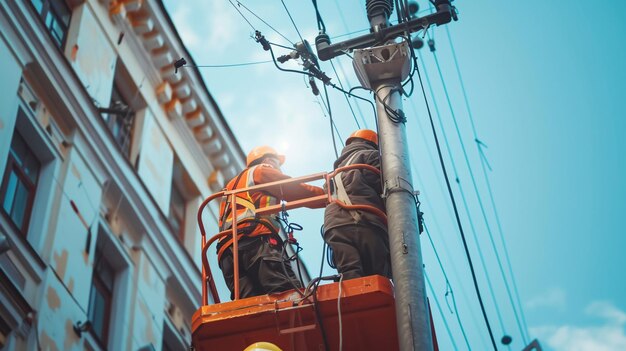 Photo two skilled electrical workers in safety helmets are fixing electrical wires from a raised truck seen from a low angle they are replacing cables on streetlight poles