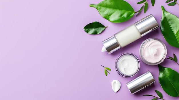 Photo two skin care products are arranged on a light purple background alongside fresh green leaves highlighting natural beauty and wellness