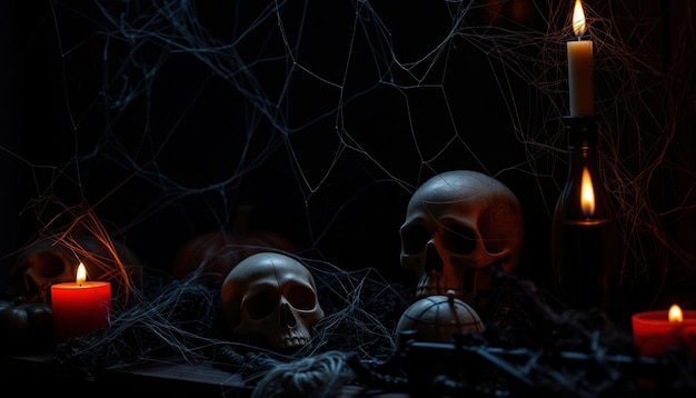 Two skulls beside a candle in a dim room