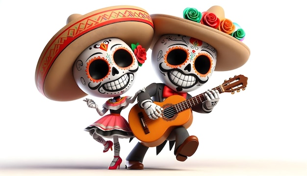 two skulls with a hat and a guitar