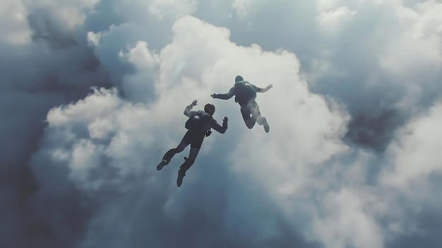 Photo two skydivers fall through the clouds