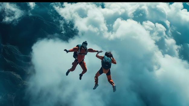 Photo two skydivers in red and orange suits fall through the air with a cloudy backdrop