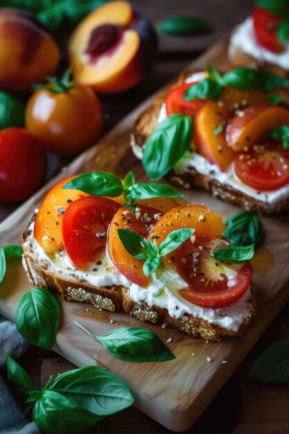 Two slices of bread with tomatoes and basil on top The image has a fresh and healthy vibe