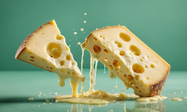 Photo two slices of cheese dripping on green background