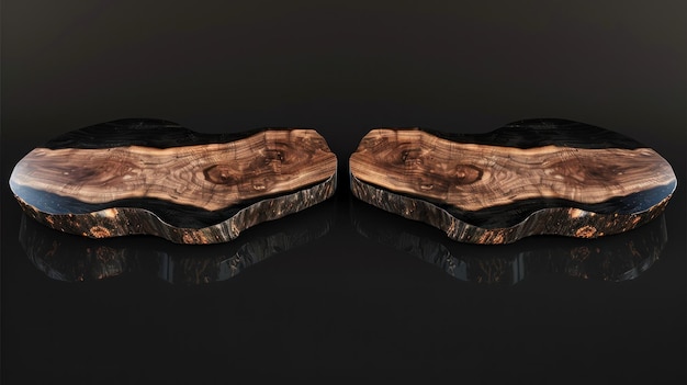 Two Slices of Dark Wood on a Black Background