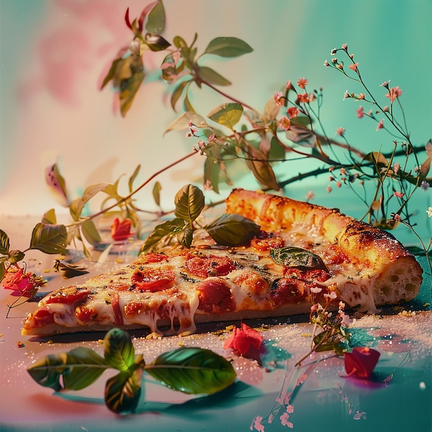 Photo two slices of pizza are on a table one of which has a slice missing