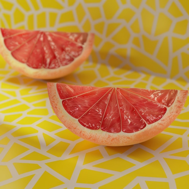 Two slices of a red grapefruit on a yellow background