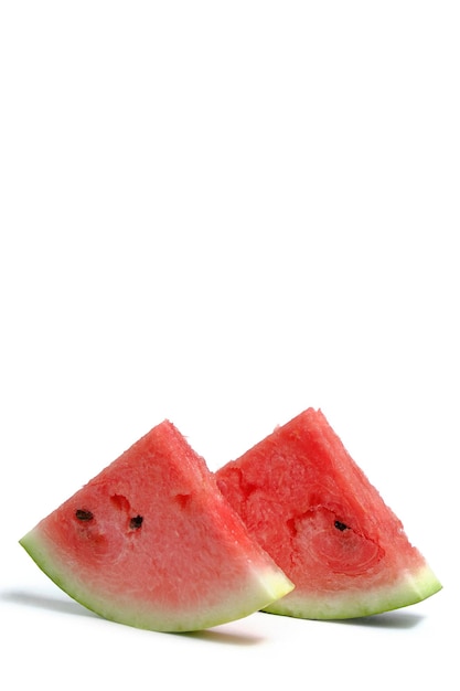 Two slices ripe red watermelon white background