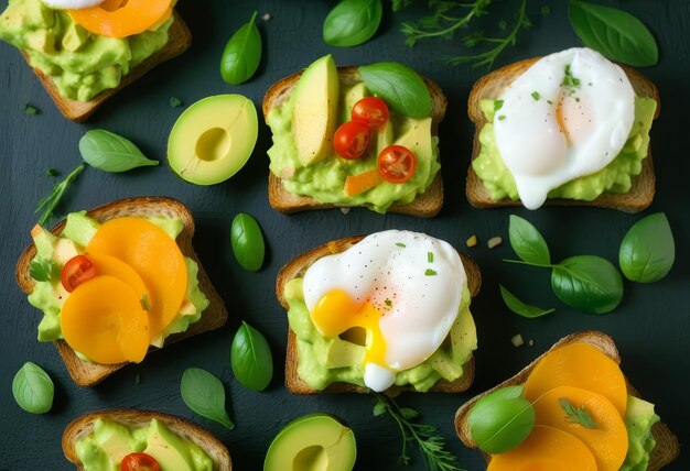 Photo two slices of toast with mashed avocado melted cheese and a poached egg on top