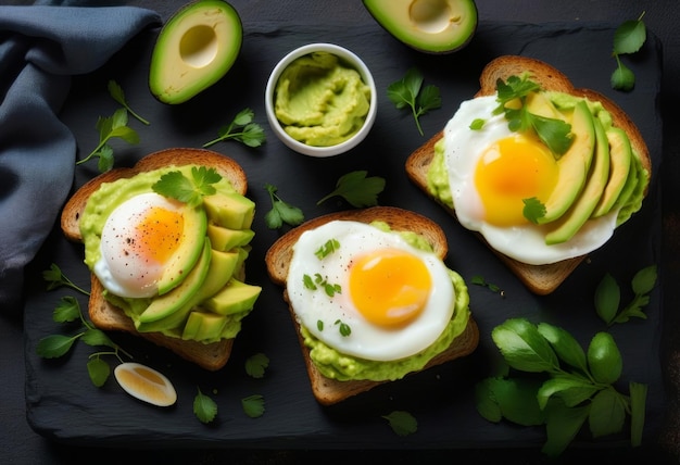 Photo two slices of toast with mashed avocado melted cheese and a poached egg on top