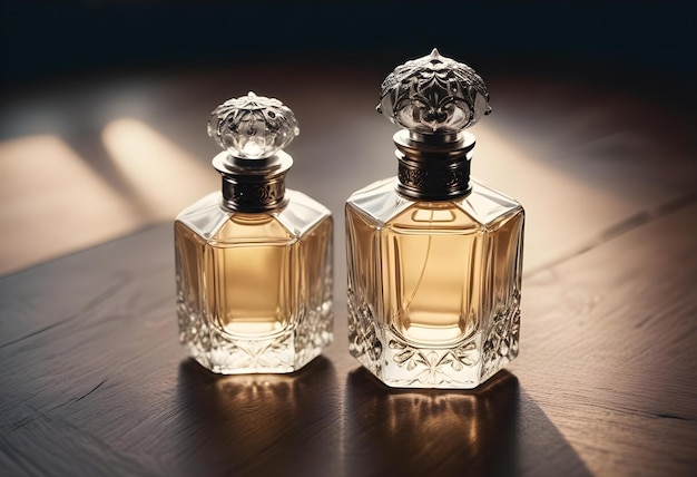 two small bottles of perfume sit on a table