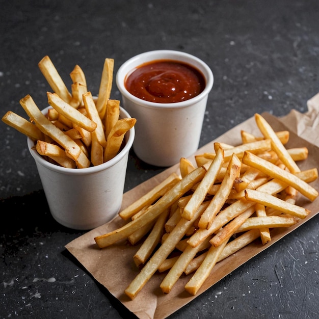 two small bowls of french fries ketchup and ketchup