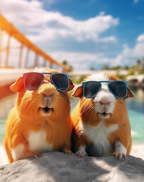 two small brown and white animals wearing sunglasses on a rock generative ai