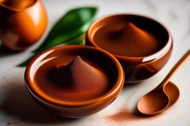 Two small ceramic bowls with cocoa powder on them