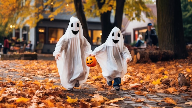 Two small children in white costumes celebrate Halloween The concept of a ghost costume for Halloween Generative AI