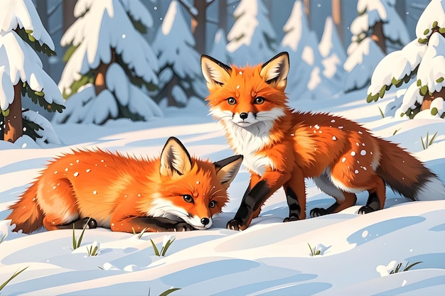 two small cute foxes in the snow animals in the snow