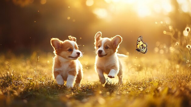 two small dogs running in a field with a butterfly on the back