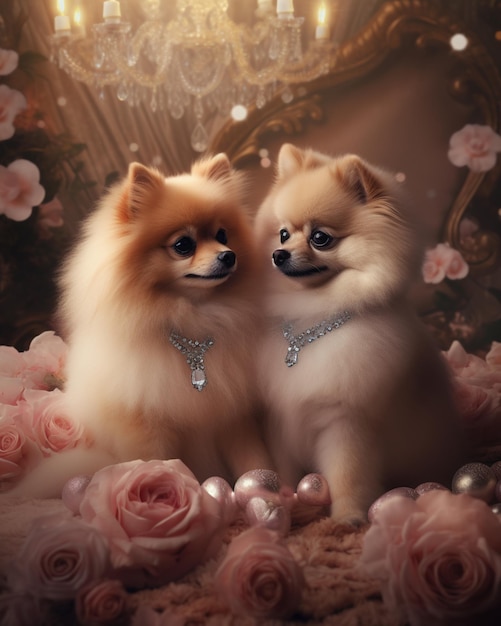 two small dogs sitting next to each other on a bed of flowers generative ai