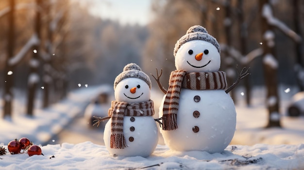 Two small funny toys baby snowman in knitted hats and scarves in deep snow outdoors on bright blue a