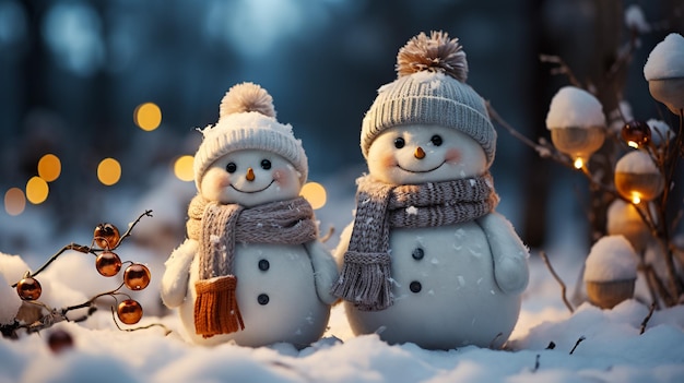 Two small funny toys baby snowman in knitted hats and scarves in deep snow outdoors on bright blue a